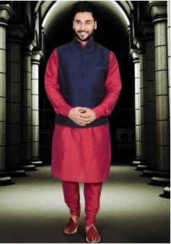 RED AND DARK BLUE COLOUR MENS KURTA JACKET SET